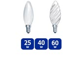 Candle lightbulbs are usually available with this range of wattages